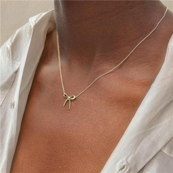 Dainty 14K Gold Necklace For Women Cute Small Tiny Bow Pendant Choker Chain - Picture 6 of 8